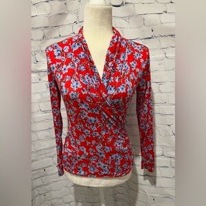 ANN TAYLOR Tops and Blouses Floral Shawl Collar Wrap Top Vermillion Kiss XSP